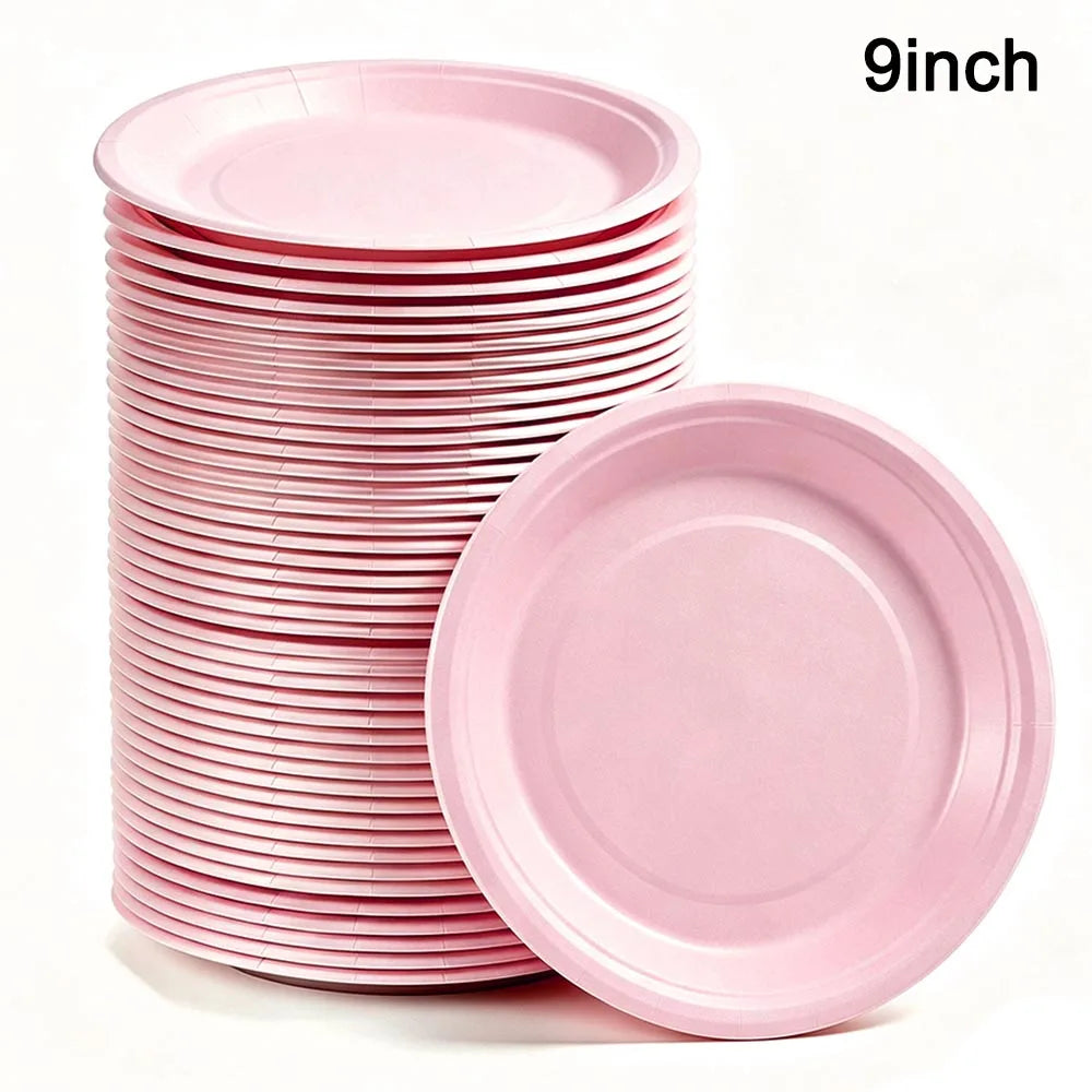A stack of pink disposable paper plates is shown next to a single plate, with a 9-inch measurement indicated.