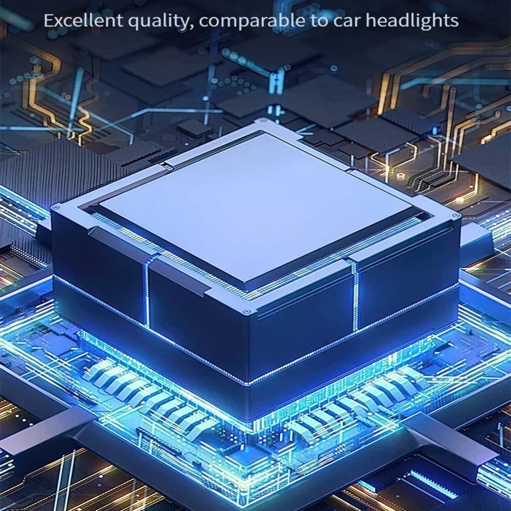 A square blue LED flashlight resting on a circuit board with glowing blue circuitry.