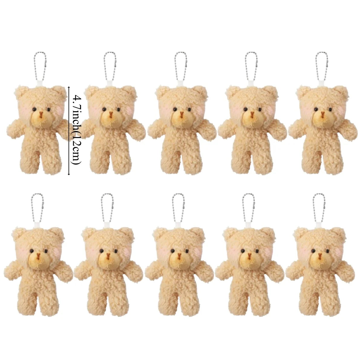 A set of six small, fluffy beige teddy bear plush toys attached to keychains.