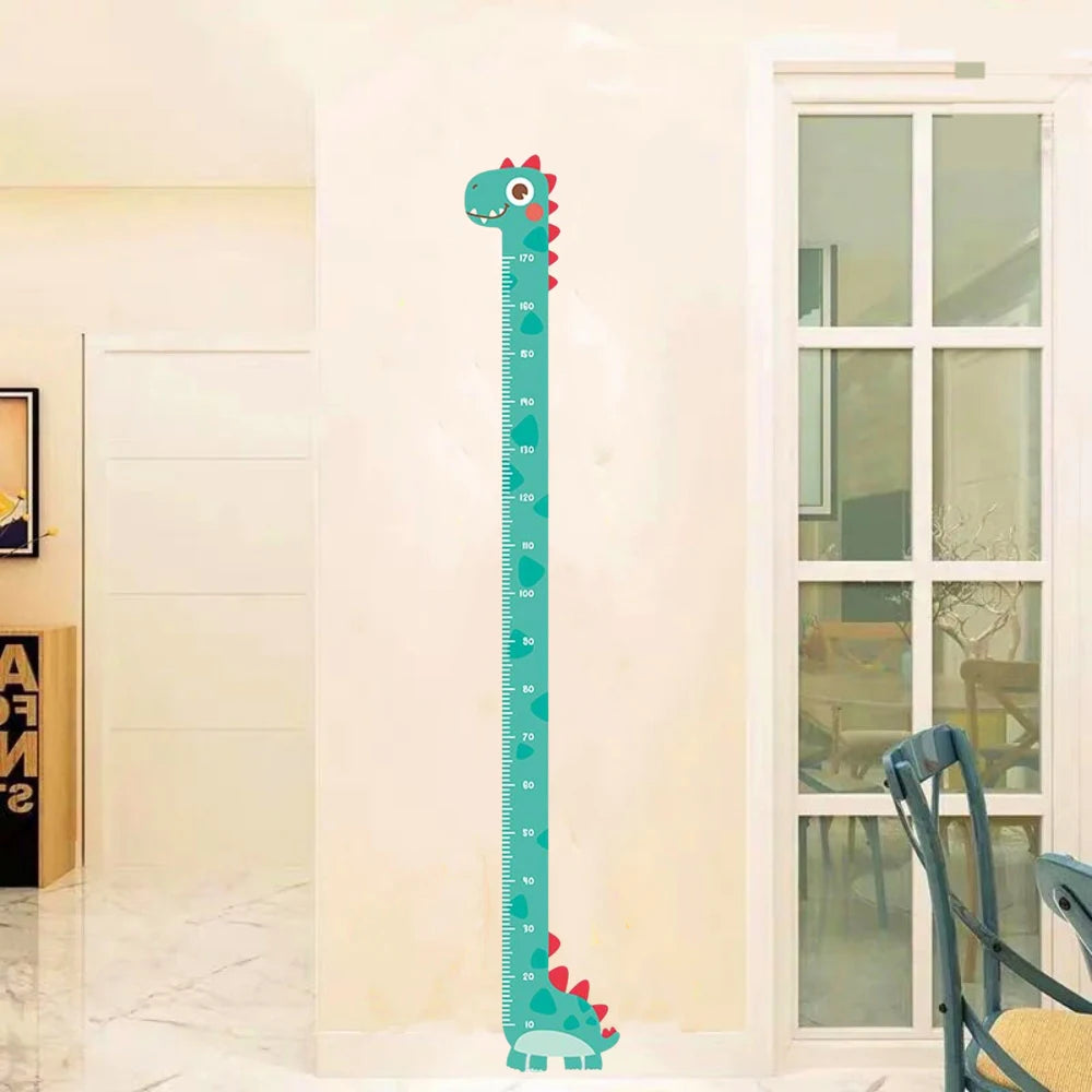 A vertical height chart featuring a dinosaur and giraffe design mounted on a white wall.