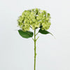 A sprig of artificial hydrangea flowers with green leaves on a stem.