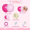 A kit containing pink and gold balloons, ribbon, decorative strip, and dot glue for a balloon garland arch.