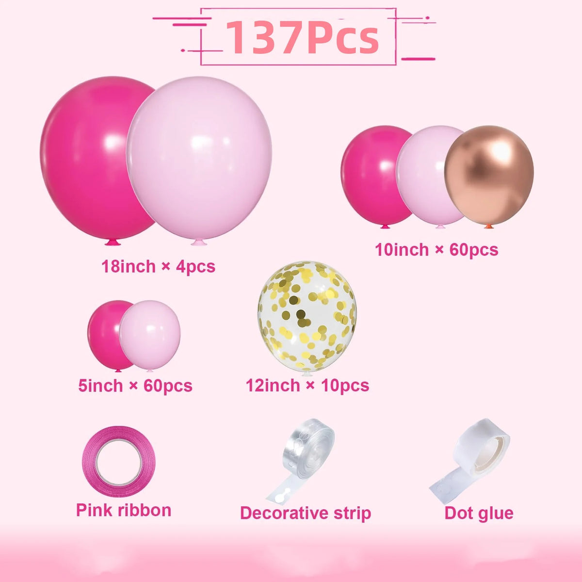A kit containing pink and gold balloons, ribbon, decorative strip, and dot glue for a balloon garland arch.