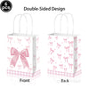Double-sided pink disposable party bags with bows shown from the front and back.