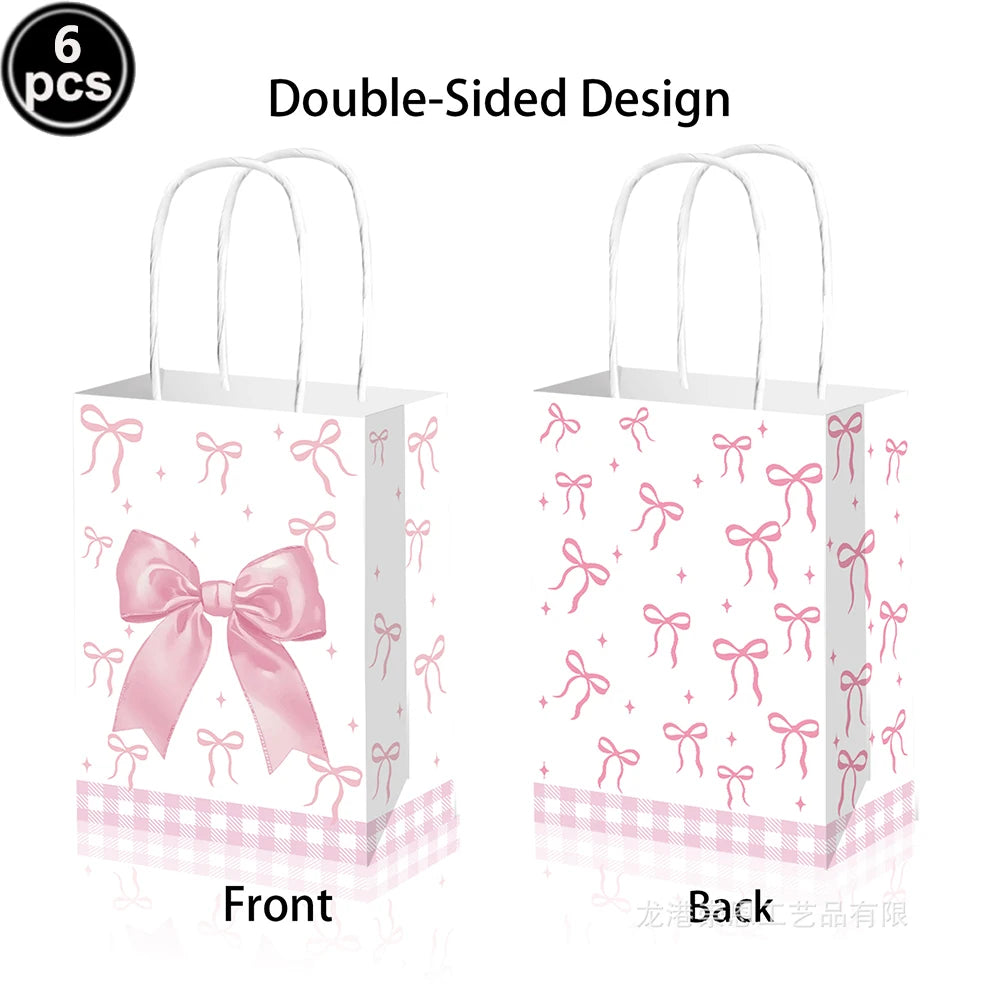 Double-sided pink disposable party bags with bows shown from the front and back.