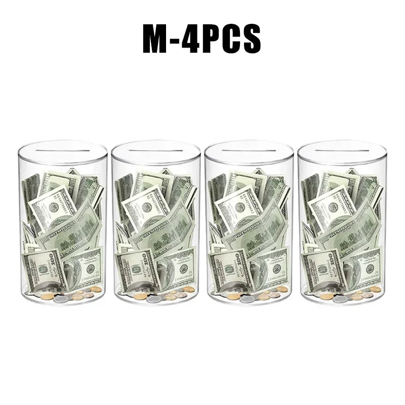 Four transparent acrylic money saving jars filled with US dollar bills