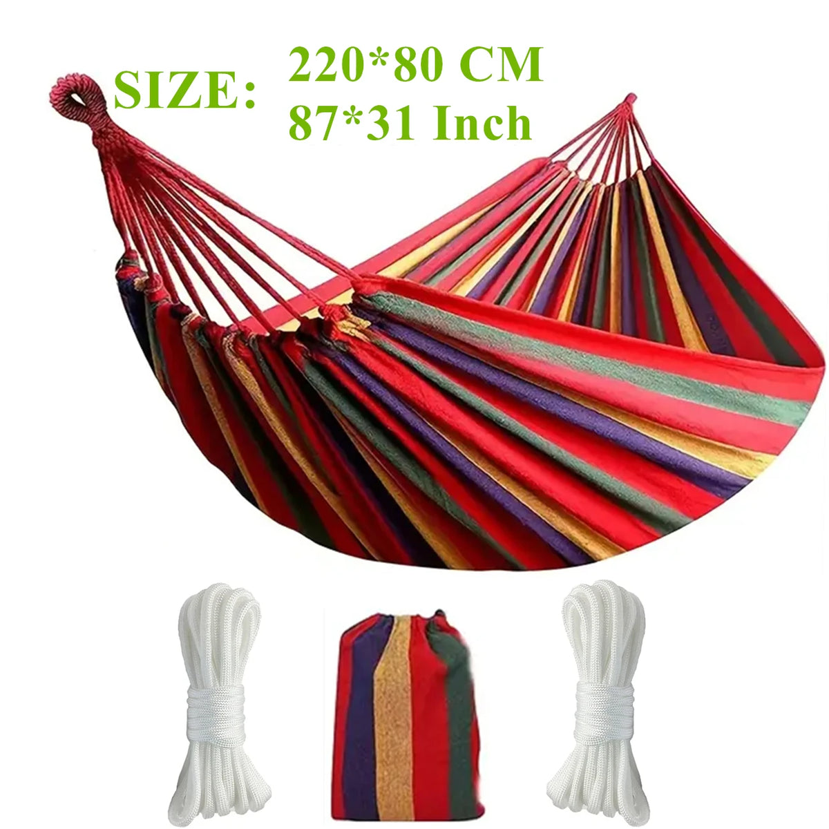 A red and striped canvas camping hammock with straps and a storage bag shown in a fan-like, suspended shape.