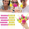 A collection of tropical 3D flamingo and pineapple paper straws in various colors.