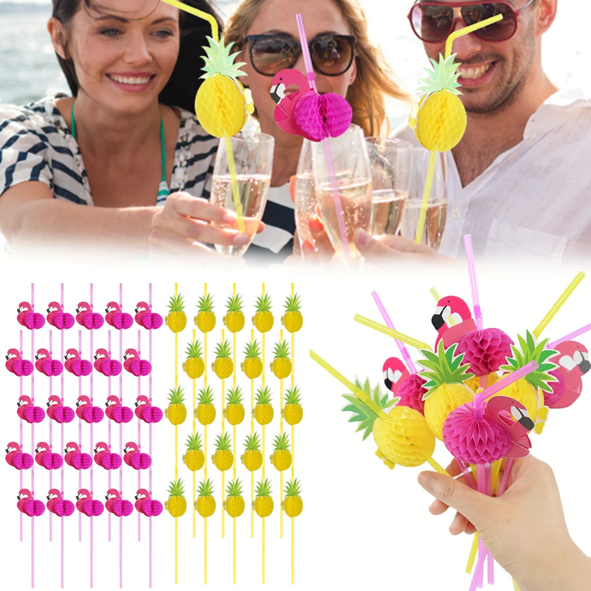 A collection of tropical 3D flamingo and pineapple paper straws in various colors.