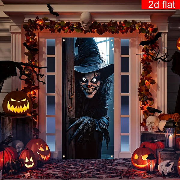 A spooky Halloween witch door banner featuring a dark figure in a hat and a grinning face, surrounded by pumpkins and autumn 
