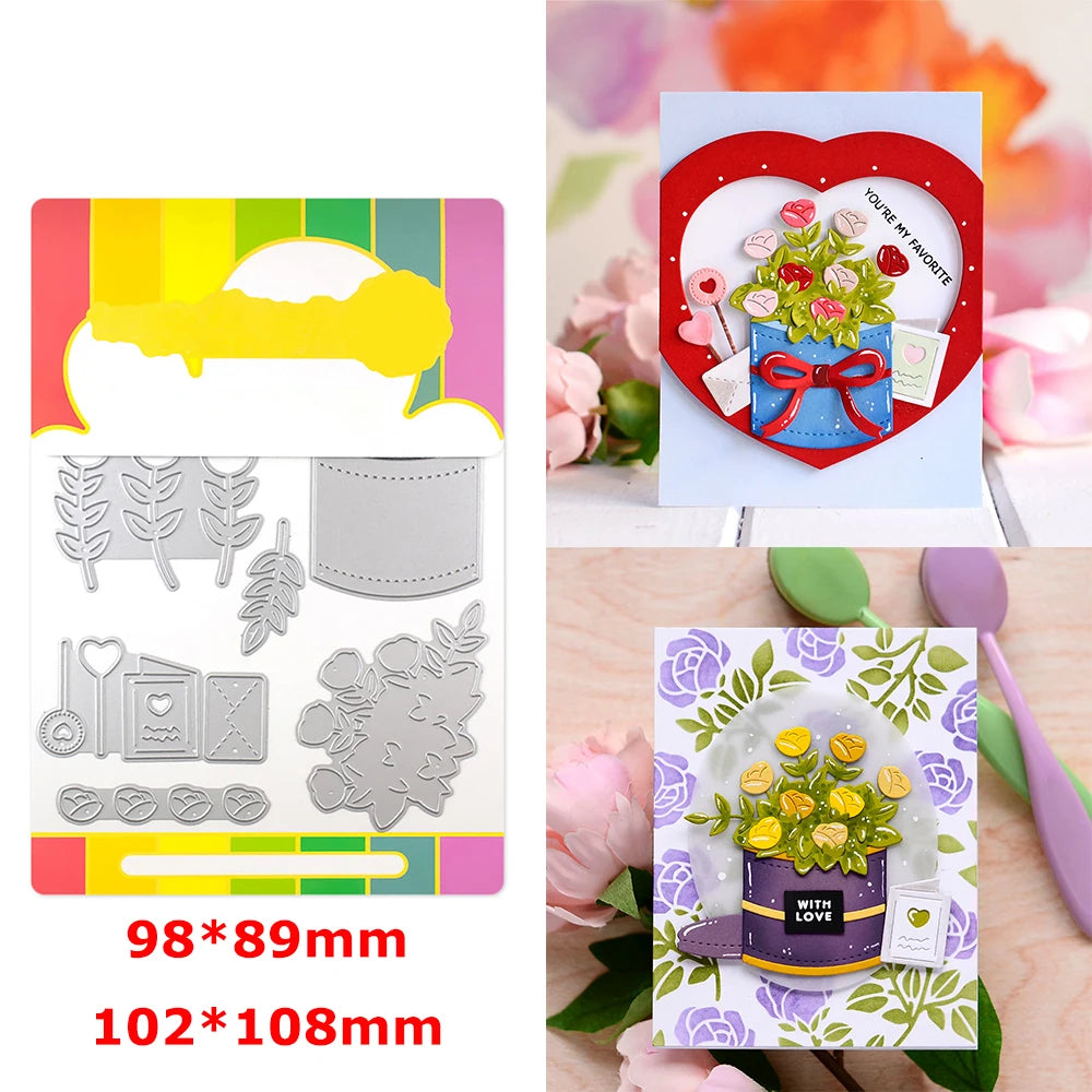 A set of floral love words stencils and stamps for DIY scrapbooking featuring pink roses and green foliage.