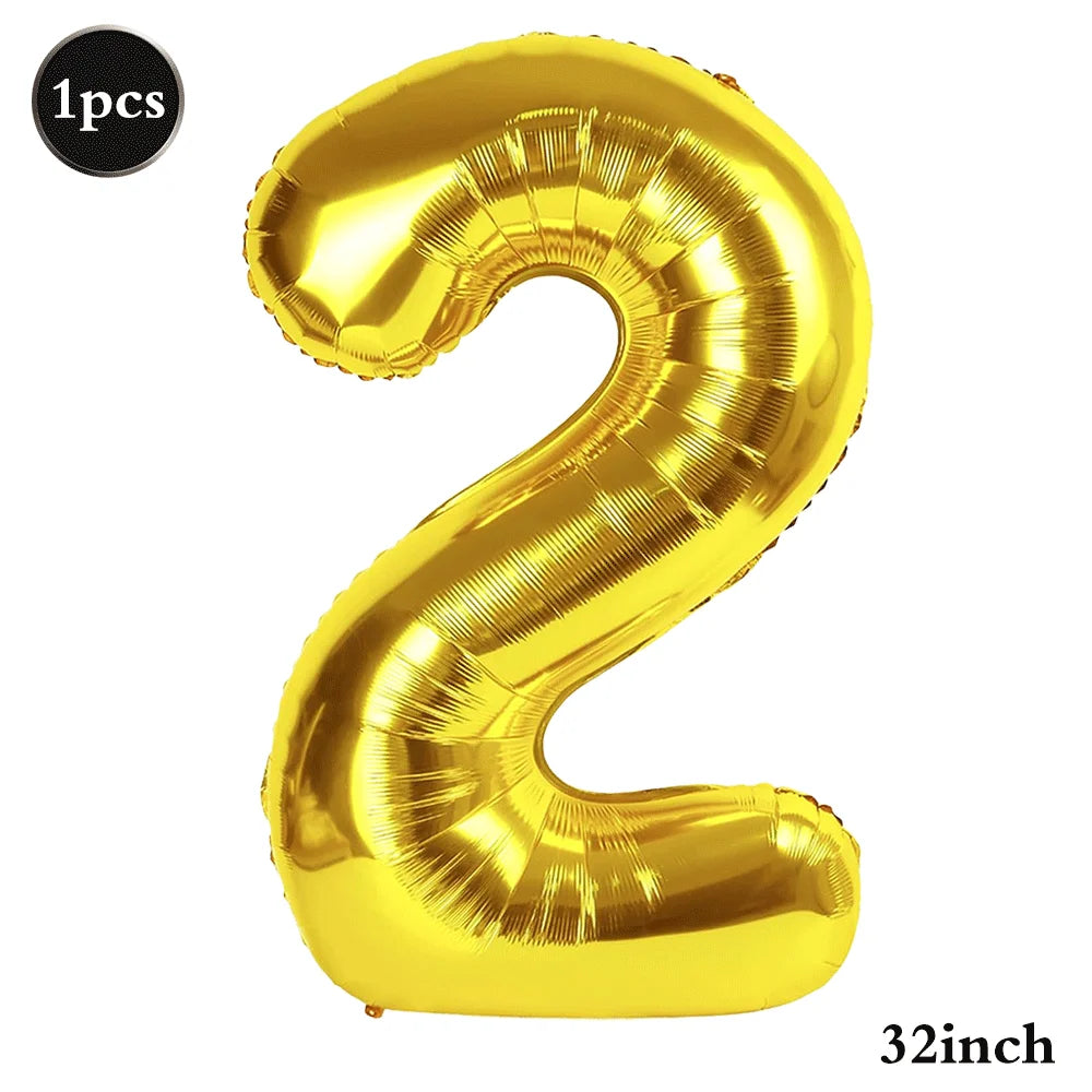 A shiny gold foil number balloon shaped like the number 2, measuring 32 inches.