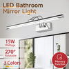 A modern LED bathroom mirror light bar with a chrome fixture and adjustable arm, featuring 15W wattage and a memory function.