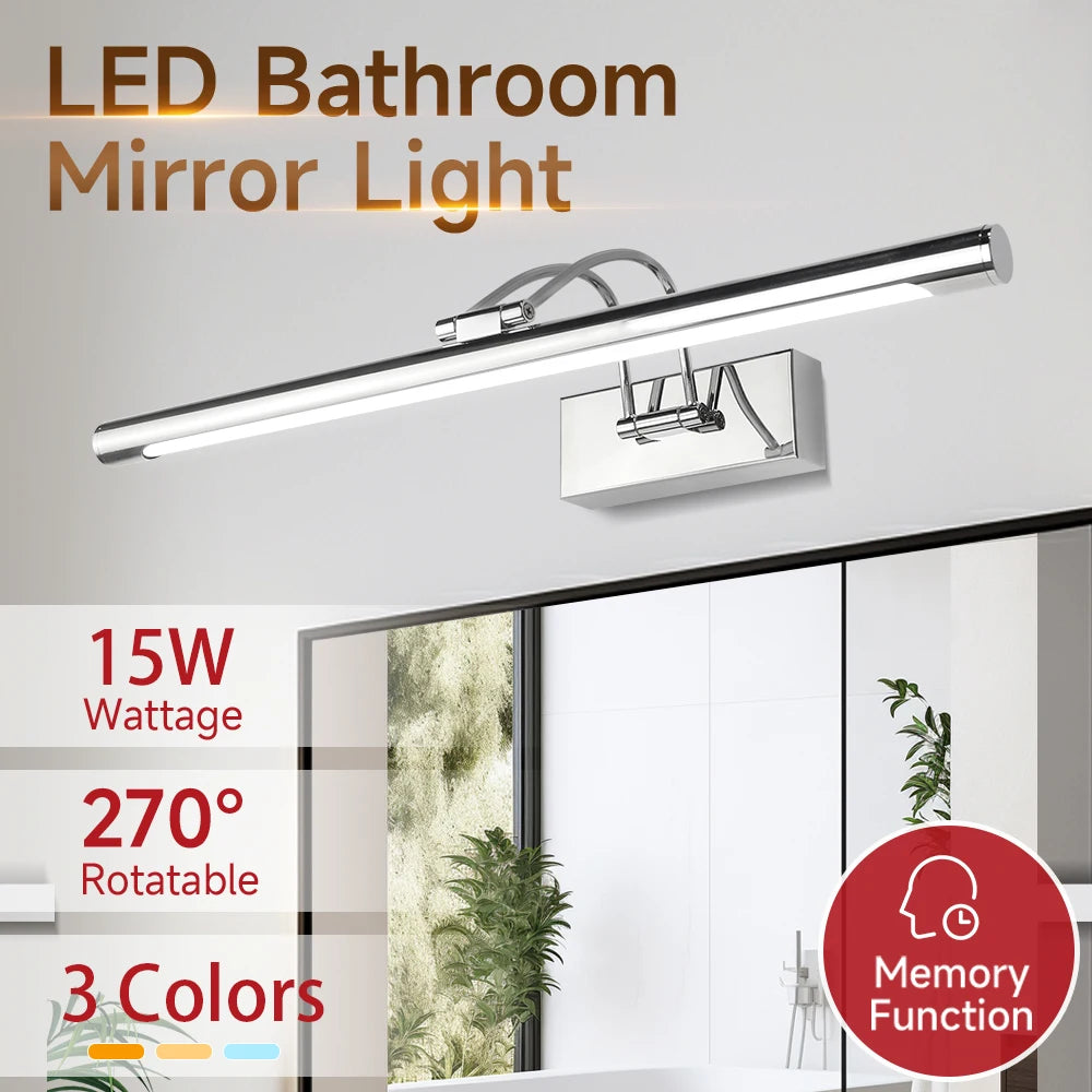 A modern LED bathroom mirror light bar with a chrome fixture and adjustable arm, featuring 15W wattage and a memory function.