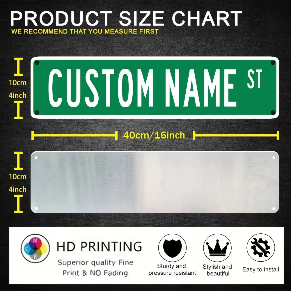 A product size chart showing a custom name street sign dimensions and features like HD printing and durability.