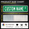 A product size chart showing a custom name street sign dimensions and features like HD printing and durability.