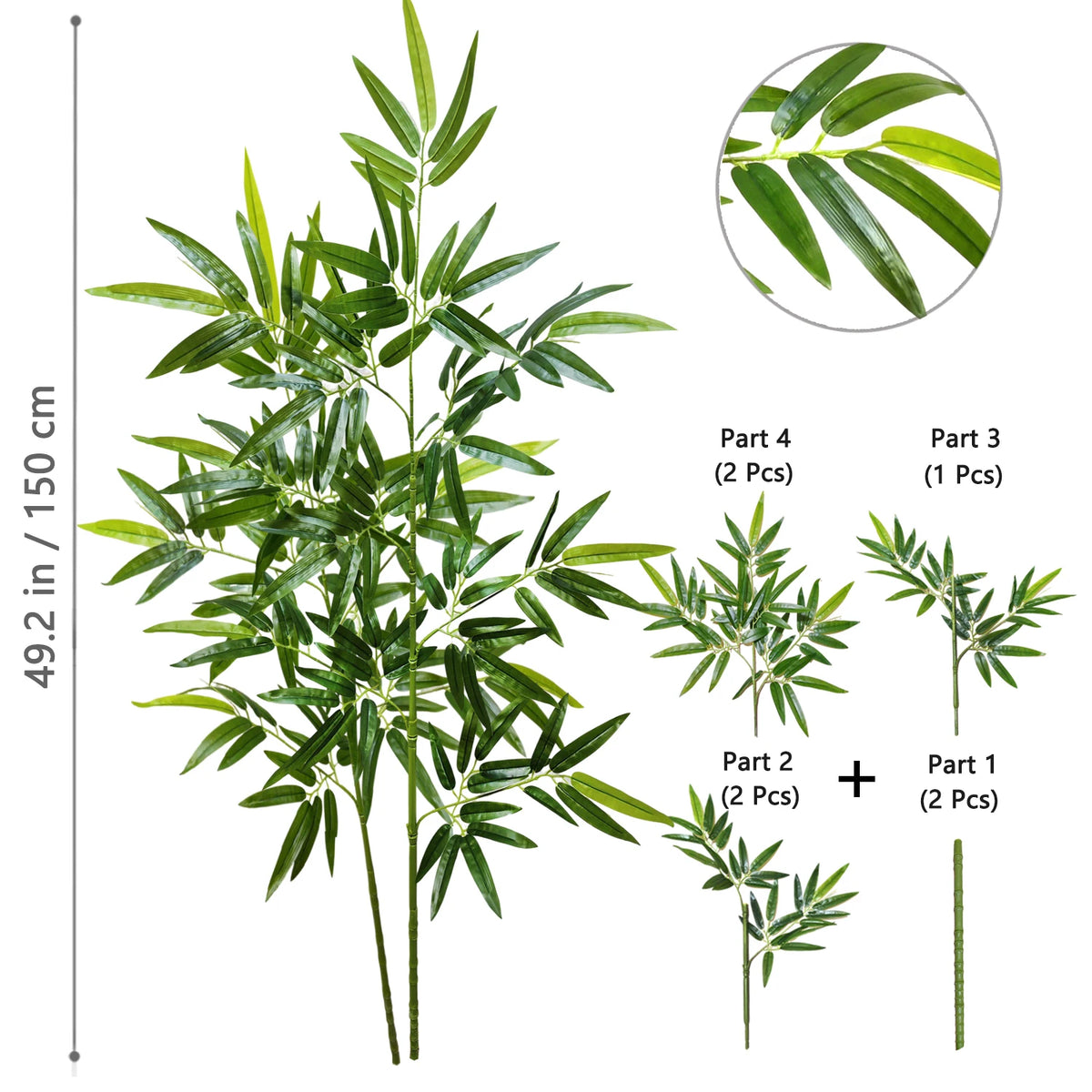 Artificial bamboo branch with green leaves shown in various parts and a full plant view.