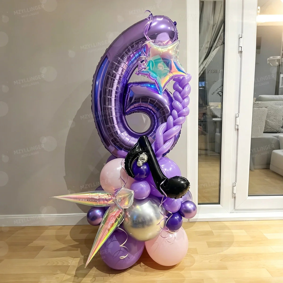 A purple and silver balloon column set shaped like the number 5, featuring musical notes and a saxophone.
