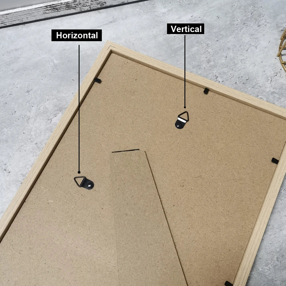 A wooden photo frame with horizontal and vertical alignment markers shown on the surface.