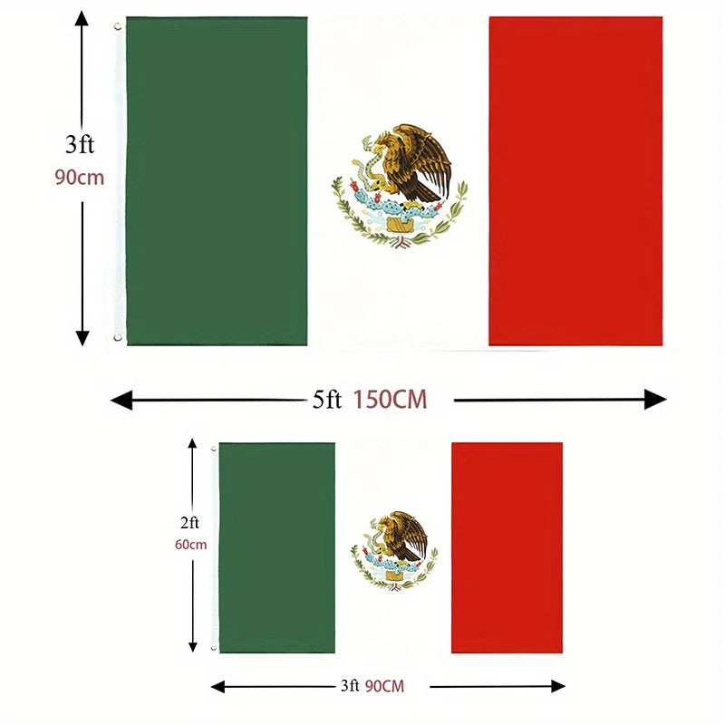 A set of two rectangular banners, one dark green and one red, featuring an eagle emblem.