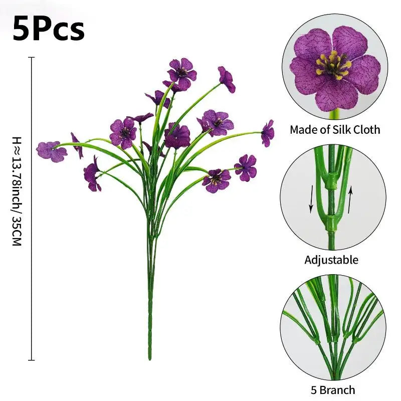 A bouquet of five purple artificial violet flowers on a green stem with an adjustable branch.