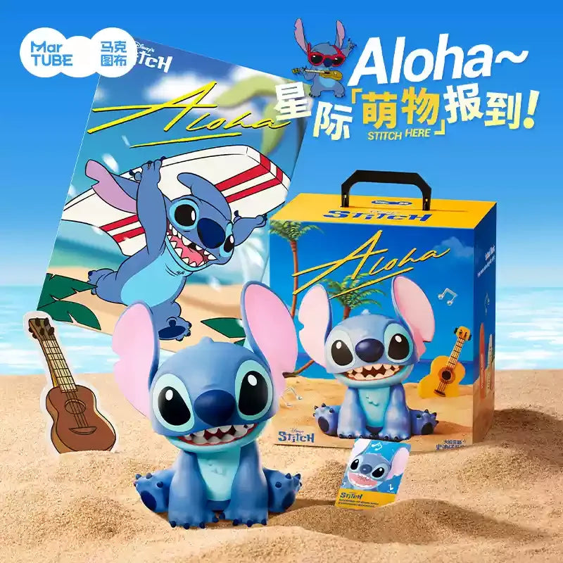 A plush Stitch character toy next to a box featuring the Aloha Stitch product.