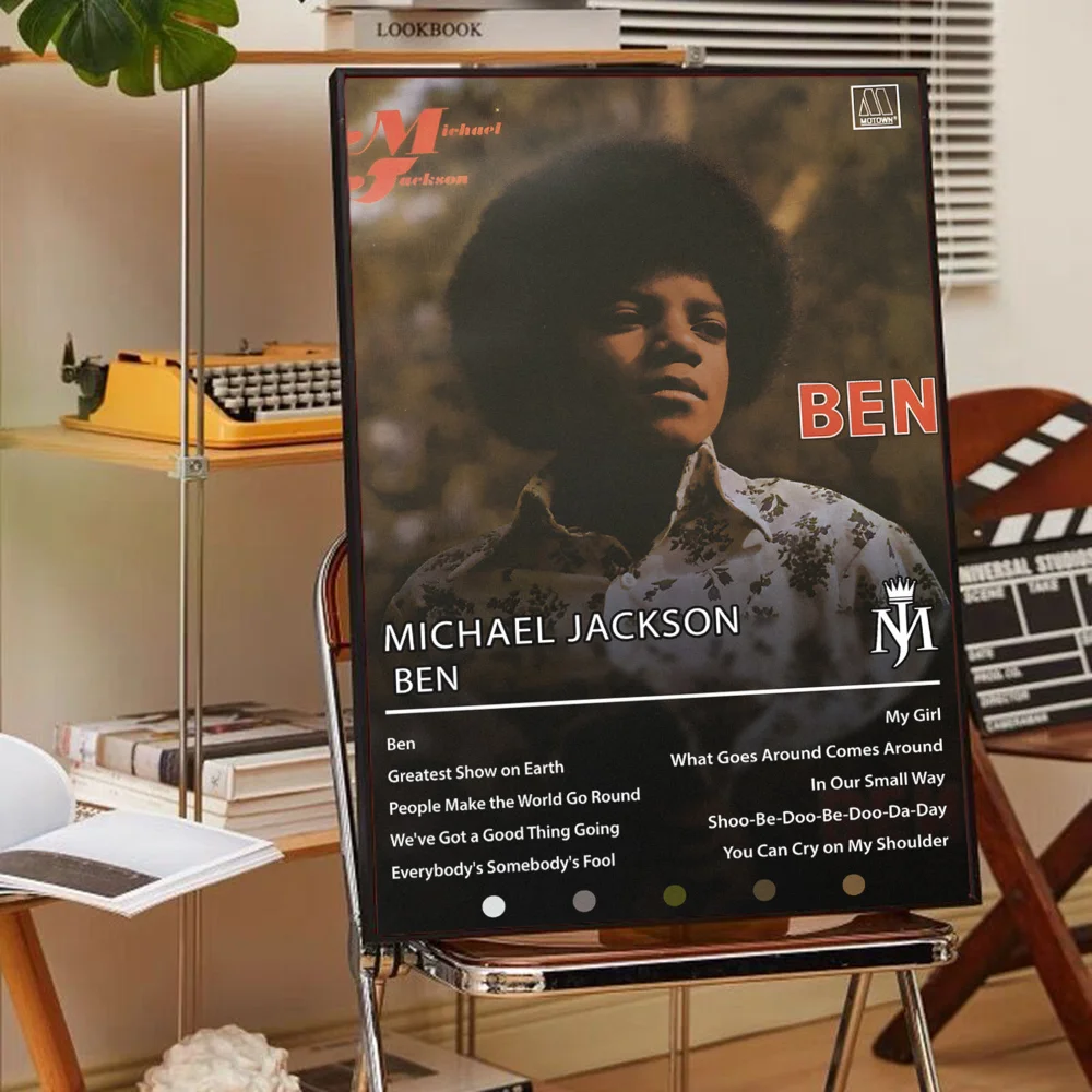 A framed poster featuring a portrait of Ben Michael Jackson with text and design elements.