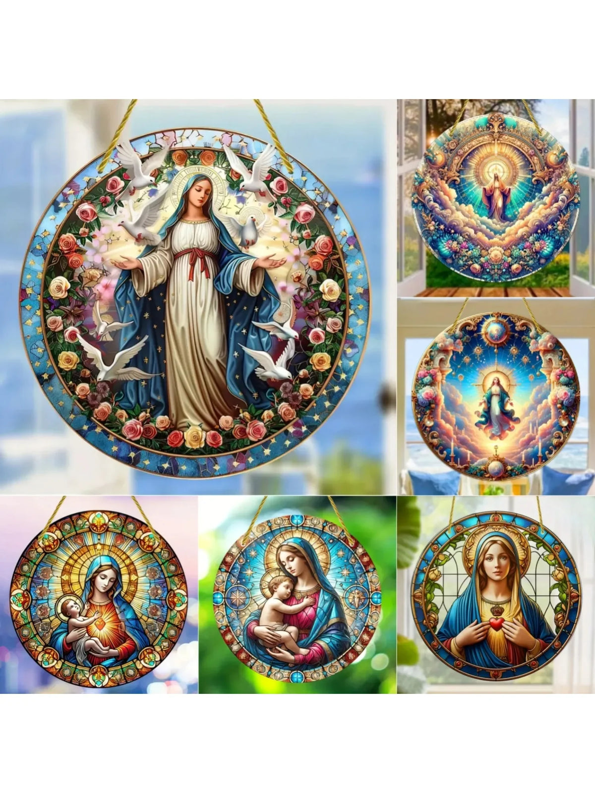 A collection of translucent acrylic Mary suncatchers featuring various depictions of the Virgin Mary and Christ.