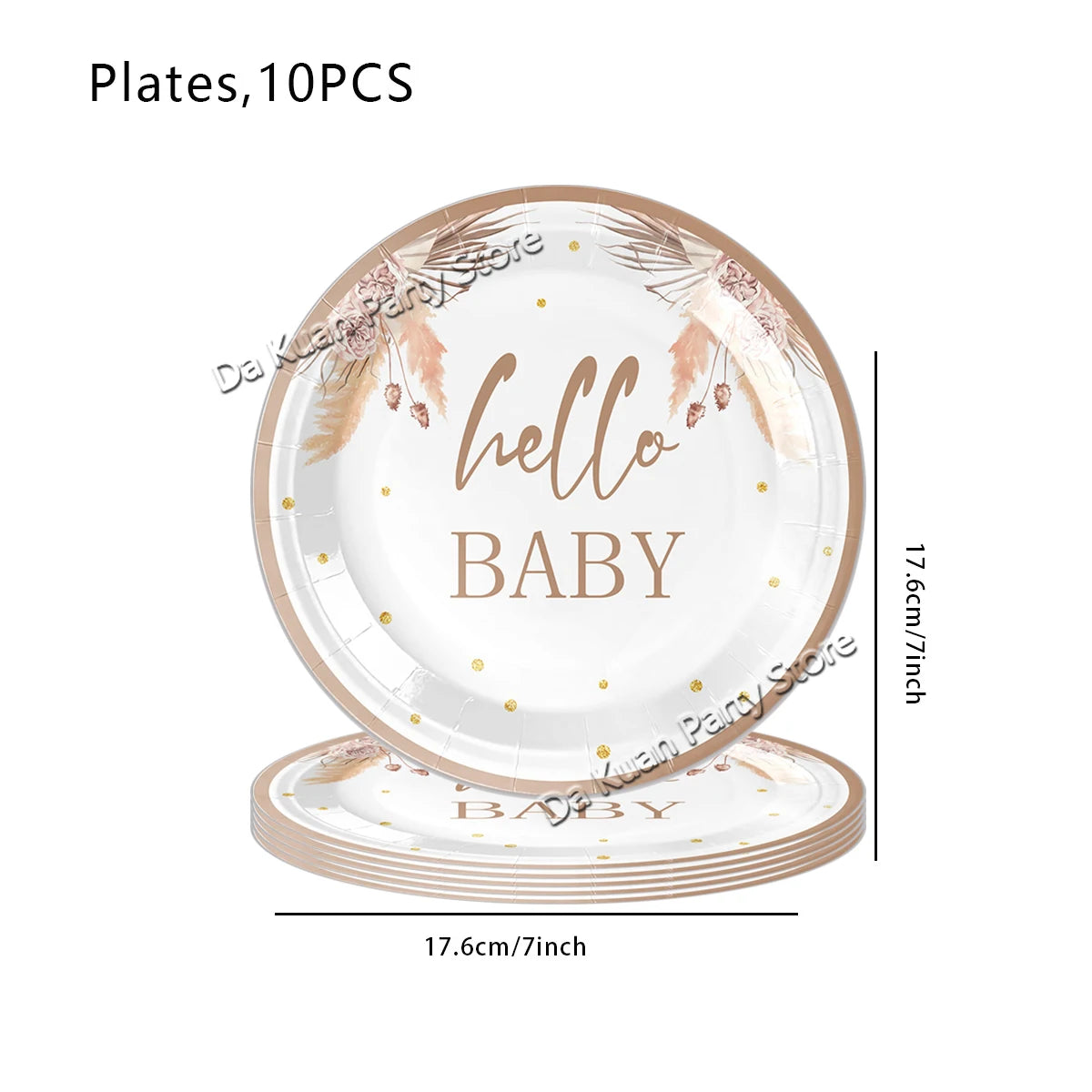 A set of ten round plates with gold accents and floral details for a baby shower or gender reveal event.
