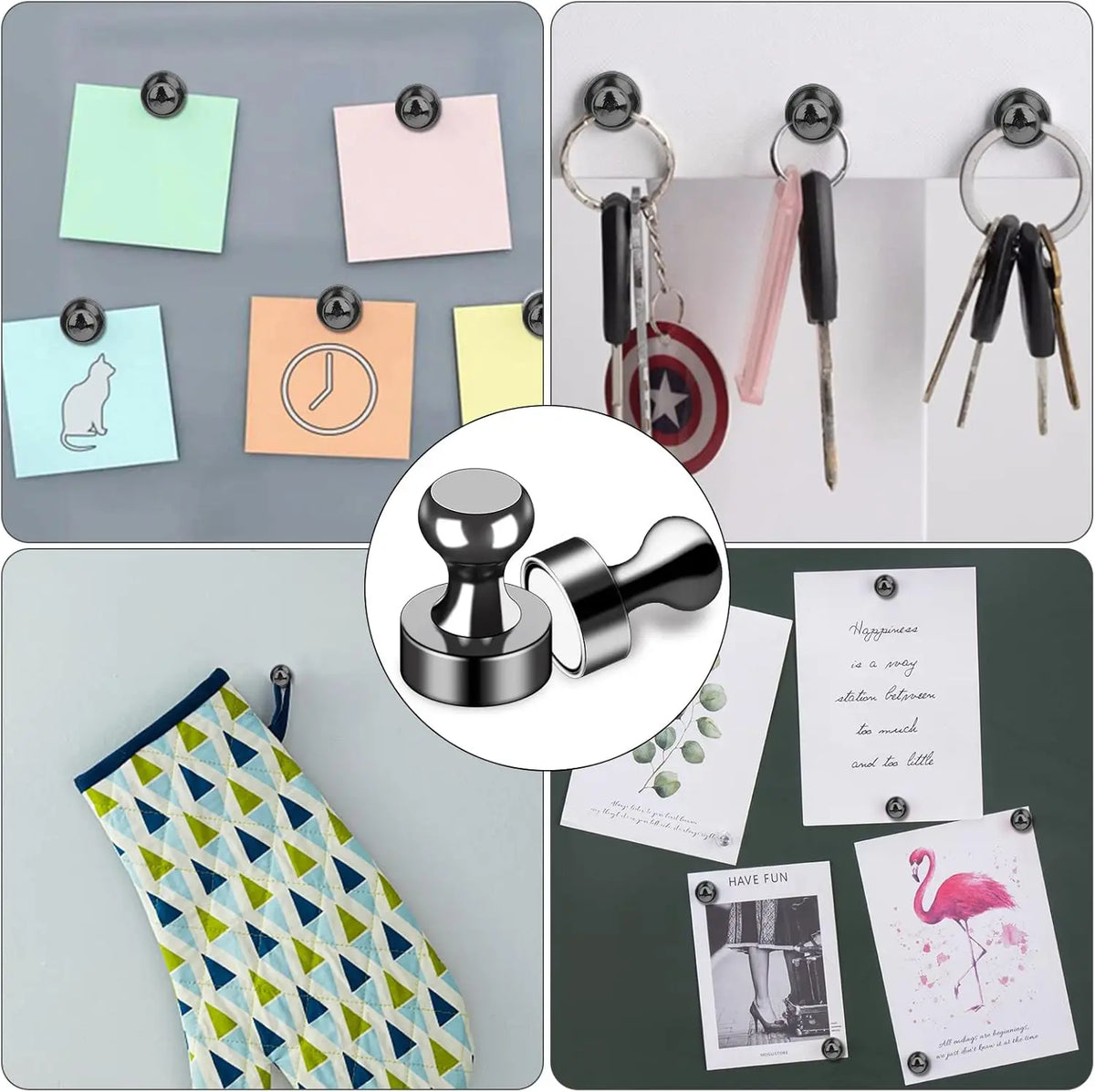 A collection of magnetic whiteboard stickers for fridge, classroom, and kitchen, including various shapes and designs.