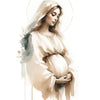 Watercolor painting of a woman with a halo holding a baby, depicting Jesus Shepherd for Christian wall decor.