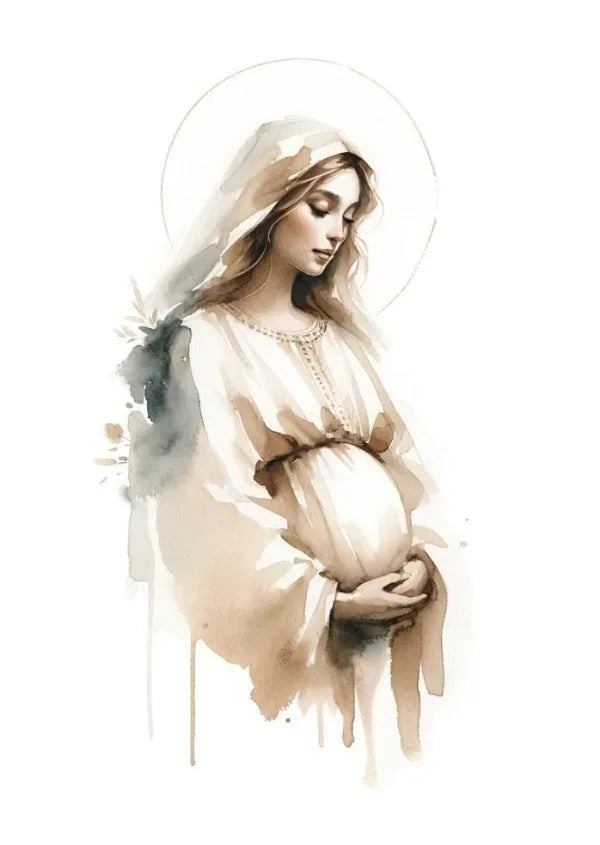 Watercolor painting of a woman with a halo holding a baby, depicting Jesus Shepherd for Christian wall decor.