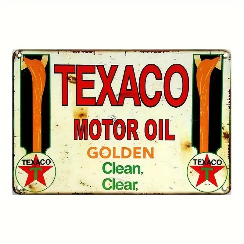 Vintage metal tin sign for Texaco motor oil featuring an orange oil can design.