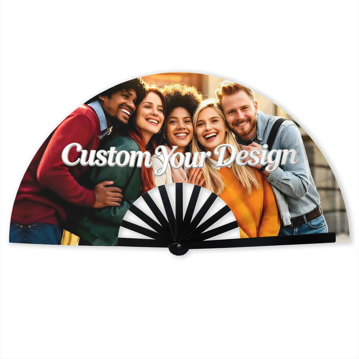 A group of four diverse friends smiling and posing together for a custom photo design