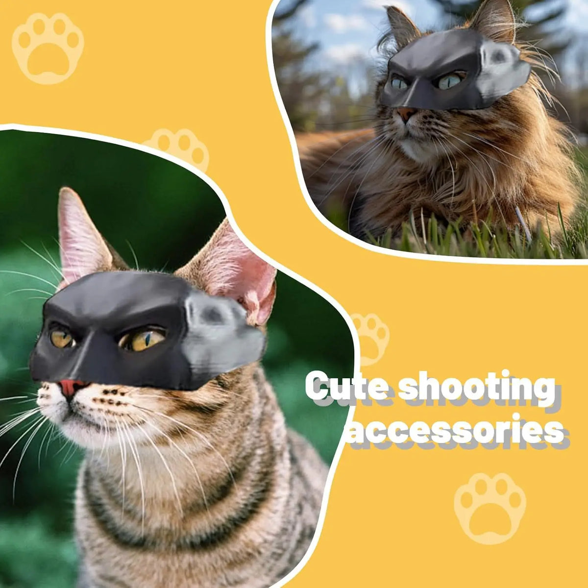 A tabby cat wearing a black bat-like mask for Halloween, shown in close-up.