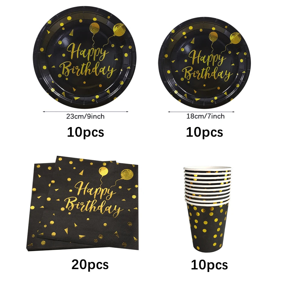 Black and gold disposable dinnerware set including plates and cups for parties