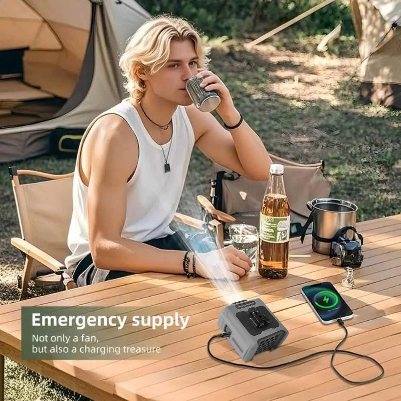 A man sits outdoors on a wooden table with an emergency supply kit including a portable fan and a charging treasure.
