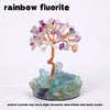 A rainbow fluorite crystal tree with purple and pink crystals growing from a large blue-green crystal base.
