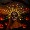 A woman wearing a skull face painted mask and a golden halo headband with star accents, surrounded by glowing pumpkins.