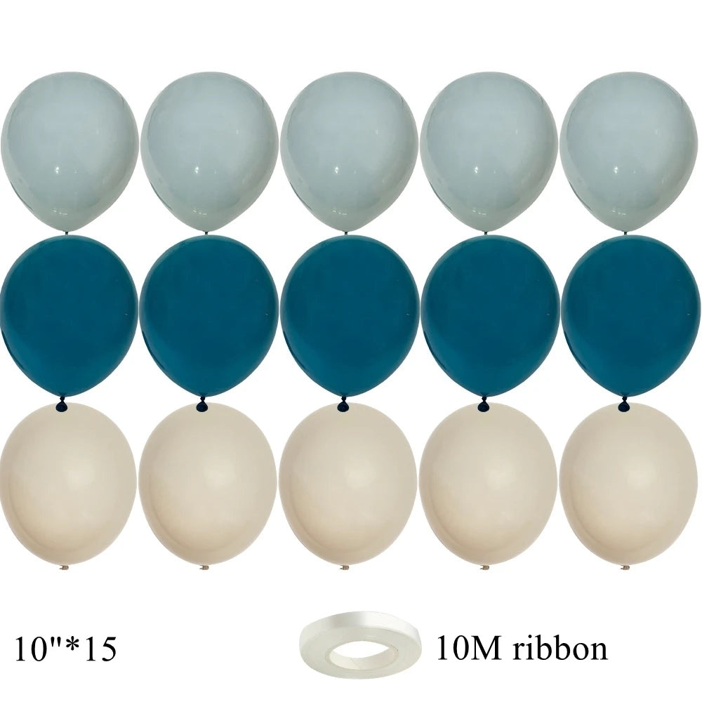 A set of 30 vintage blue latex balloons and a roll of 10M ribbon for parties