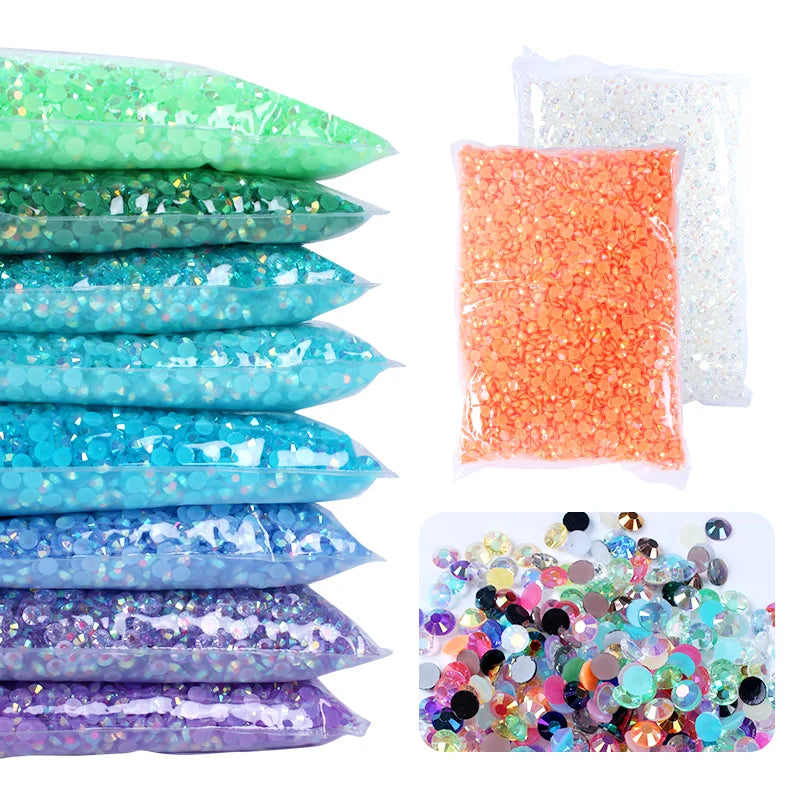 A collection of colorful resin rhinestones in various shades and sizes for crafting projects.