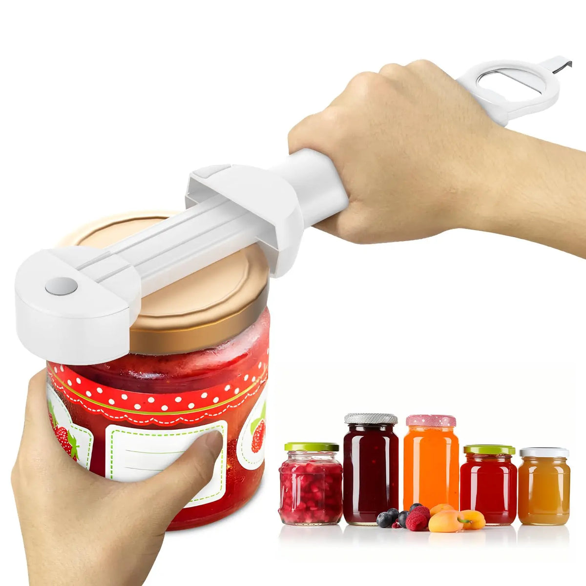 A hand is using a white ergonomic jar and bottle opener set to open a red glass jar.