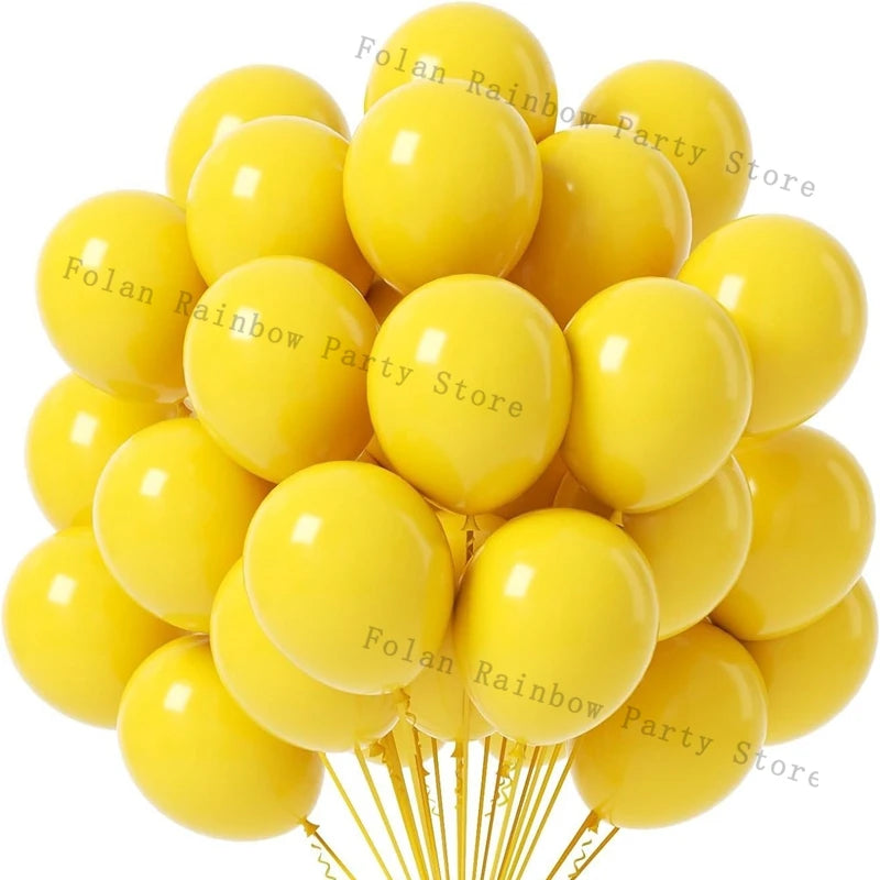 A bunch of yellow latex balloons tied together, ready for a party decoration.