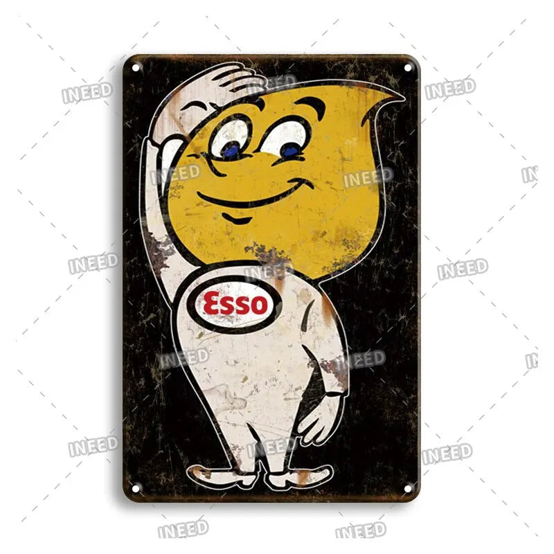 A vintage metal sign featuring a cartoon character resembling Esso, with a smiling face and yellow body.
