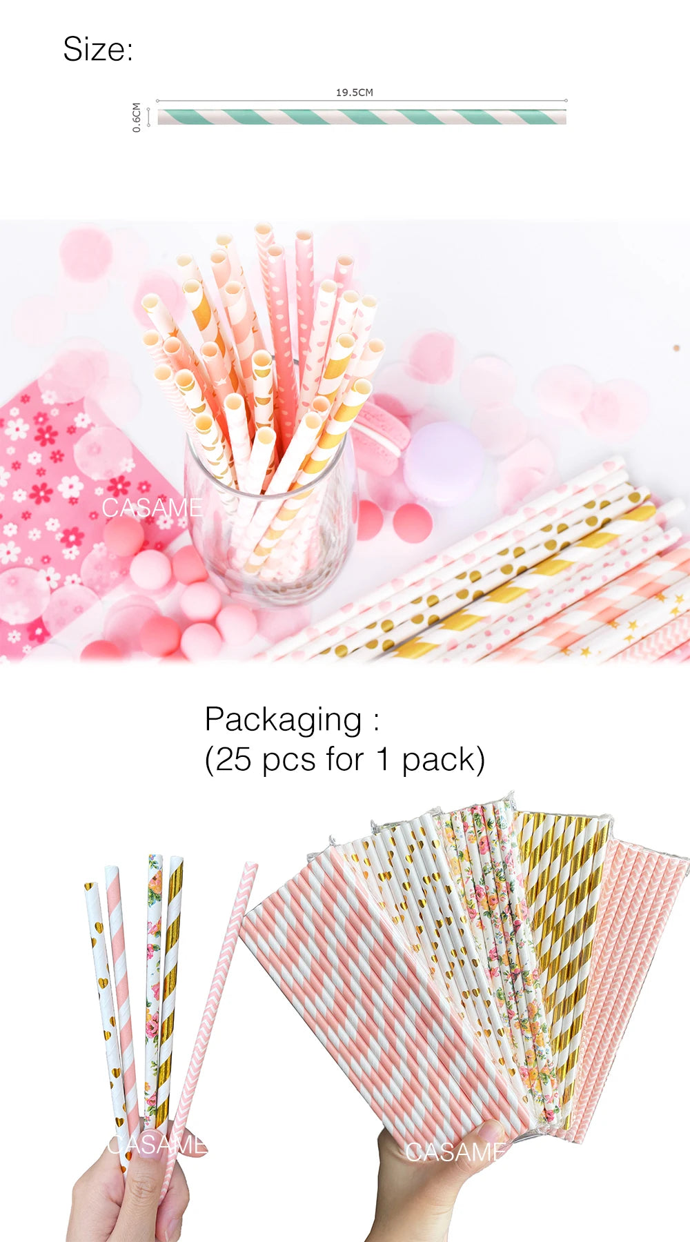 A hand holds a stack of pink and yellow striped and polka dot paper drinking straws.
