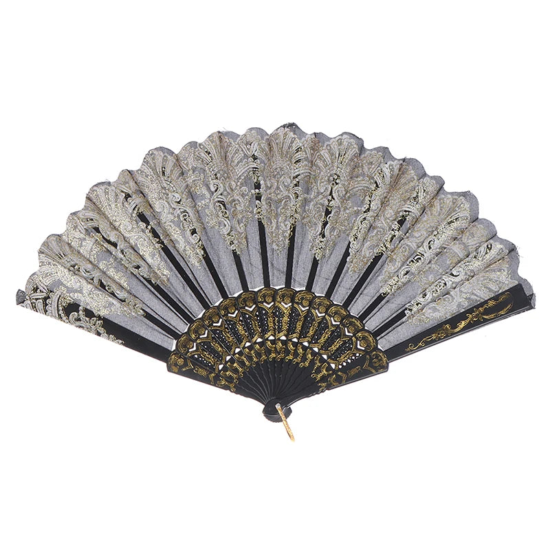Elegant lace folding hand fan with gray and black detailing for weddings and dance