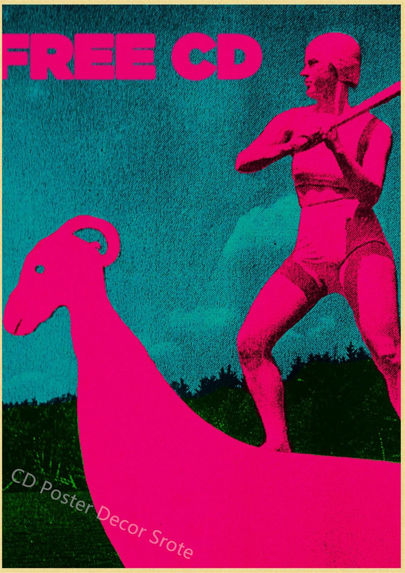 A vibrant pink poster featuring a silhouette of a woman and a bull, with text reading FREE CD.
