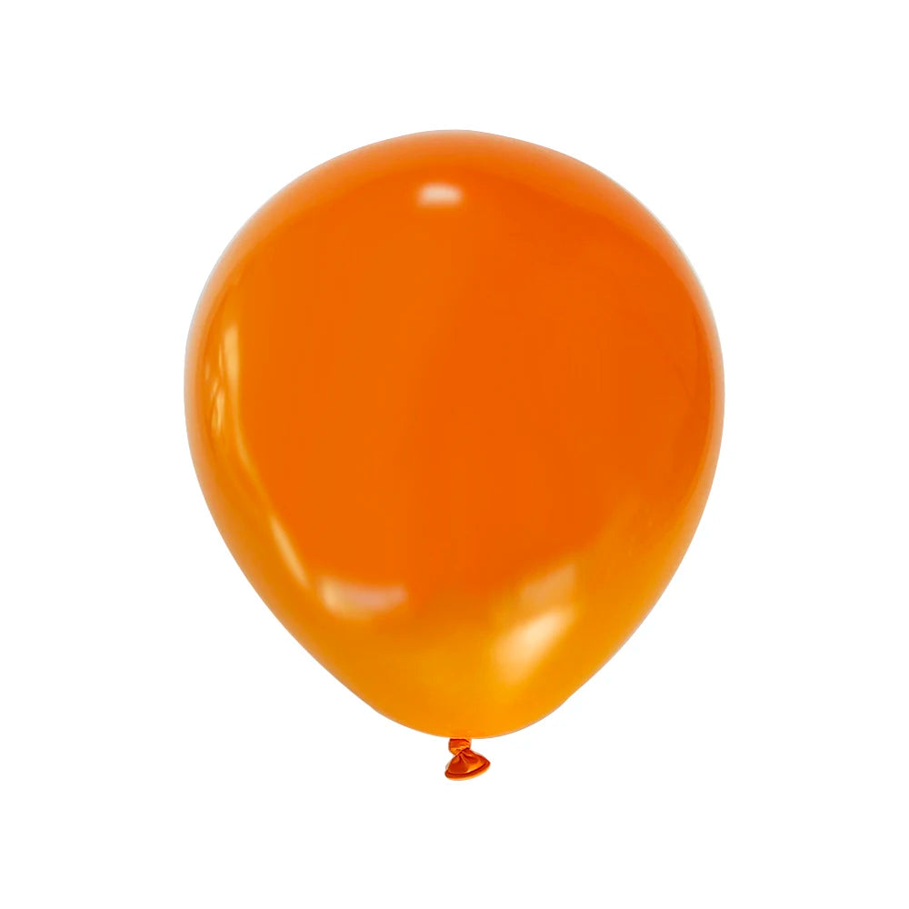 A single, glossy orange latex balloon against a white background.