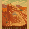 A vintage-style poster featuring a desert landscape with layered orange and brown tones, titled Valley of Fire State Park Nev