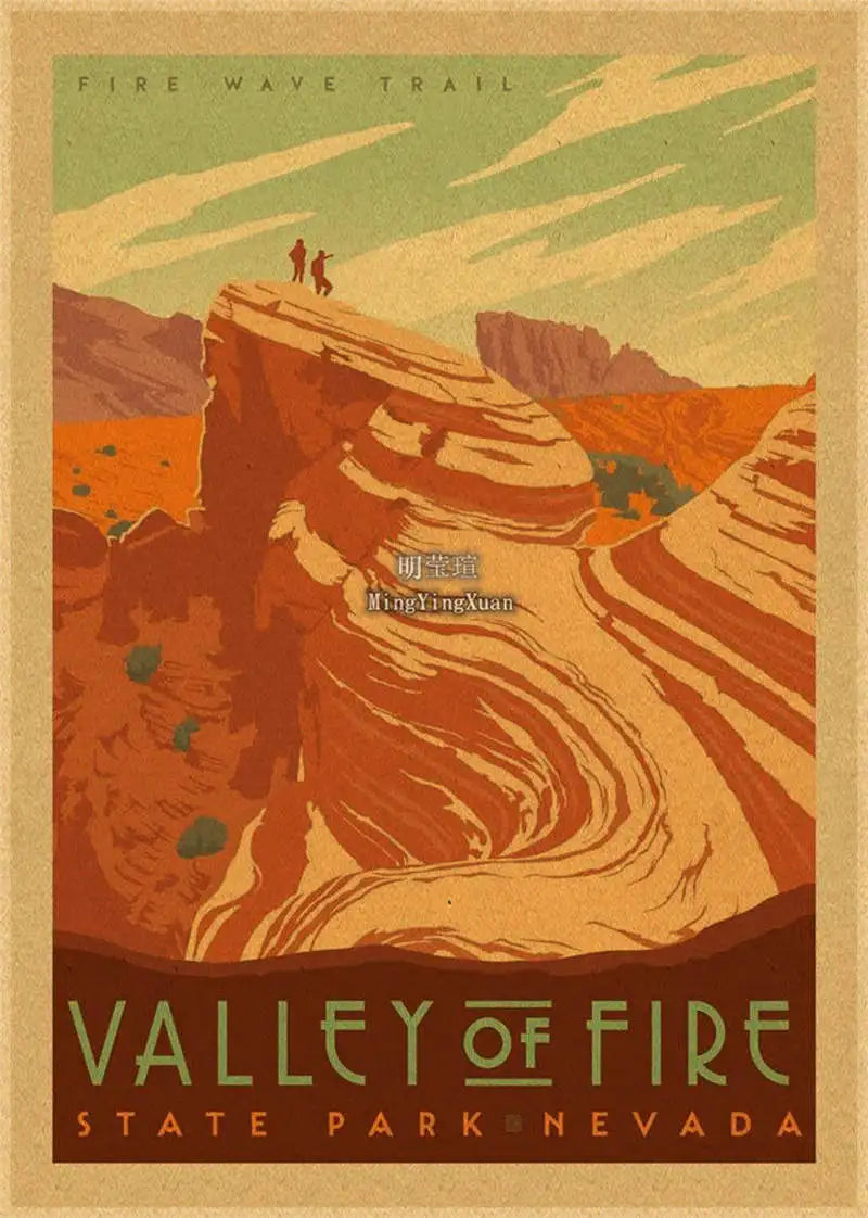 A vintage-style poster featuring a desert landscape with layered orange and brown tones, titled Valley of Fire State Park Nev